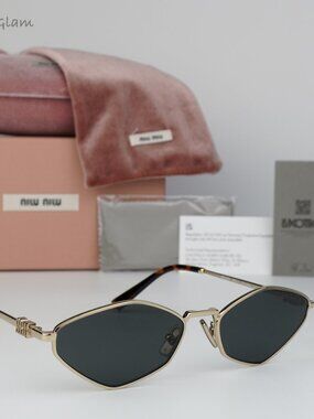 Miu Miu Women Sunglasses Gold Grey Geometric MU56ZS REGARD ZVN5S0 NEW AUTHENTIC